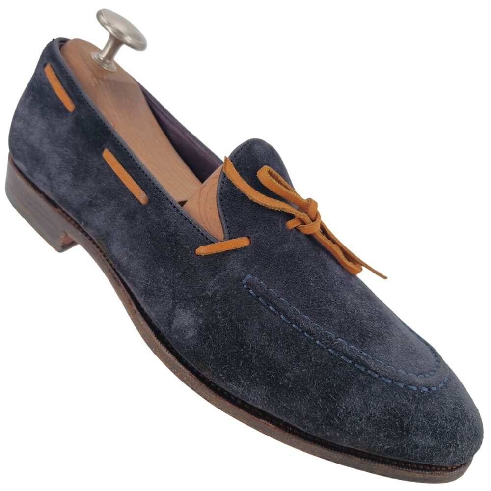 Carmina Shoemaker Mens 10 Navy Blue Suede Dress Shoes Bow Loafers Slip-ons 9.5UK - Picture 2 of 13